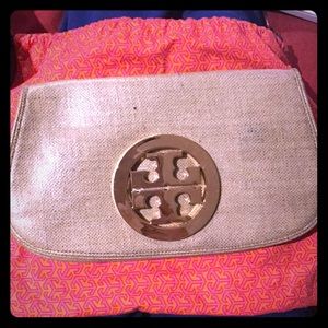 Tory Burch Coated Burlap Logo Clutch